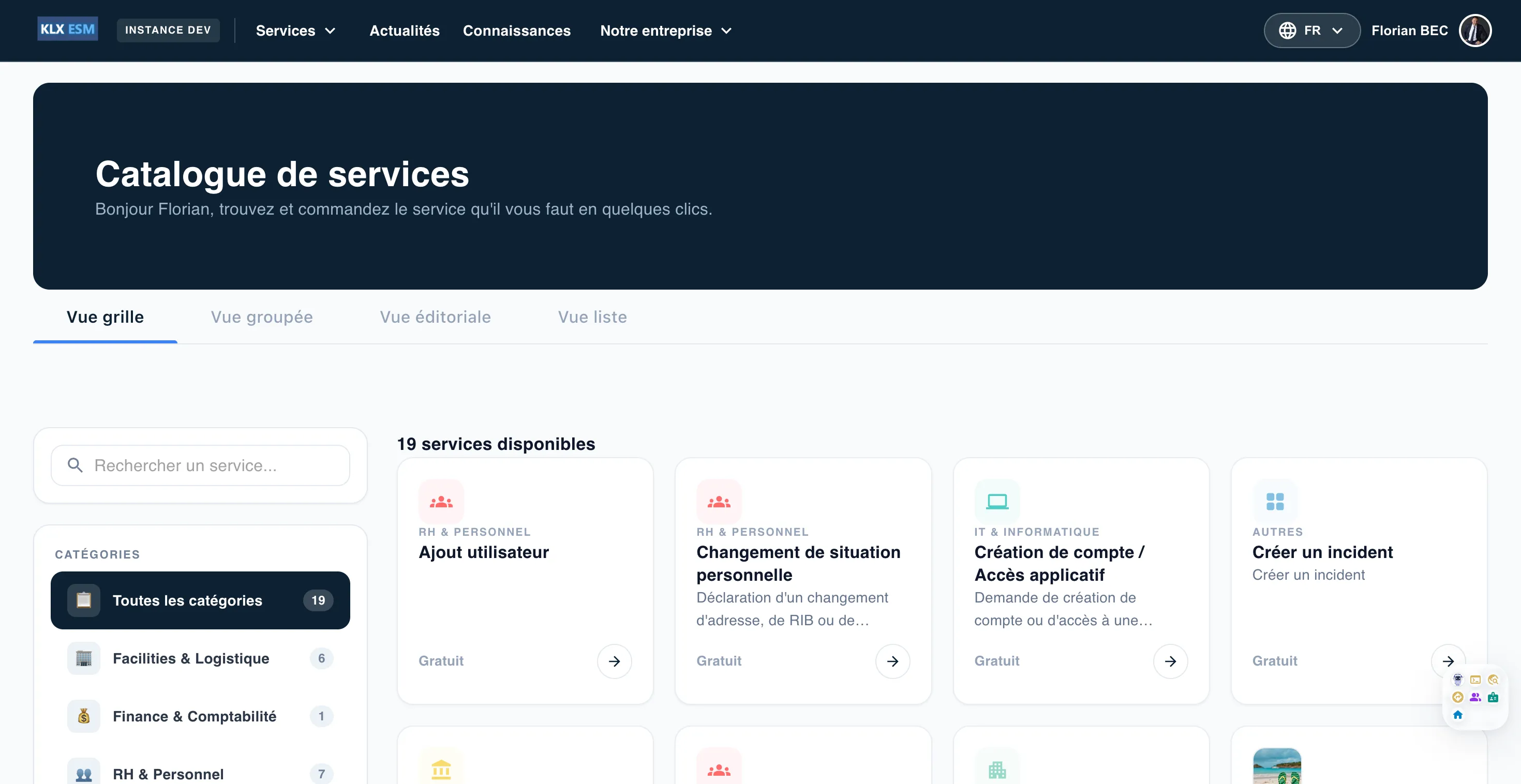 Catalogue de services du portail KLX ESM, services IT, RH, finance et logistique par catégories