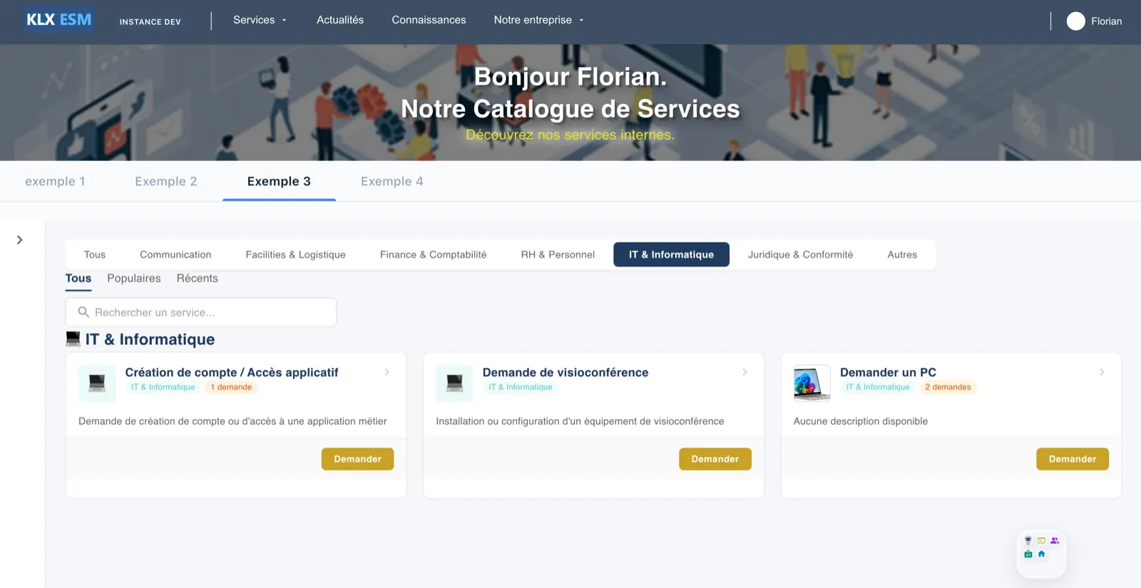 Portail self-service KLX ESM — catalogue IT