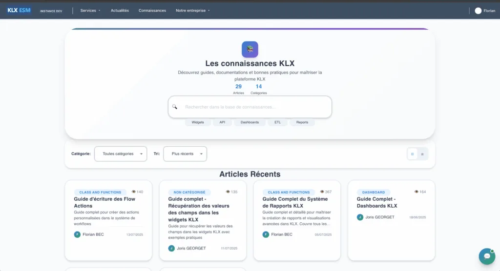 base de connaissances itsm klx esm